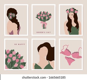  Día Internacional de la Mujer. Juego de cartas femeninas de bellas chicas, ramo de flores, en ropa interior estilo minimalista. Elegante ilustración vectorial de vacaciones.