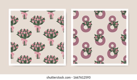 International Womens Day. Set of female seamless patterns of bouquet of tulip flowers and number 8. Elegant holiday hand-drawn wallpaper design. Vector illustration texture.
