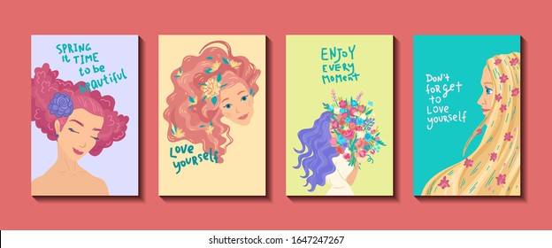 International Women's Day. Set of greeting cards with hand drawn lettering. 8 march holiday concept. Woman portrait with flowers. Templates for poster and flyer design. Vector cartoon illustration.