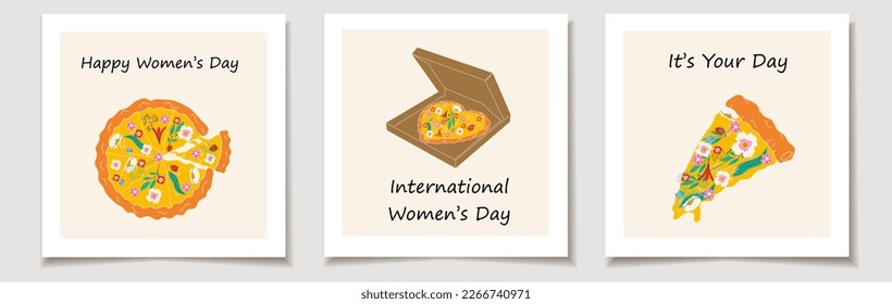  International Women's Day. A set of greeting cards with Pizza with different flowers. Spring pizza