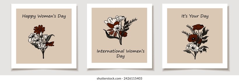 International Women's Day. A set of greeting cards with Colorful of Bouquets. Trendy botanical elements