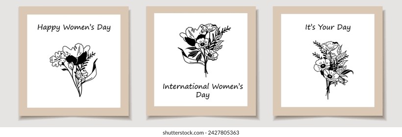International Women's Day. A set of greeting cards with Line art of Bouquets. Trendy botanical elements. Wild flowers and leaves	