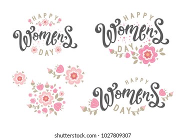 International Women's Day set. Happy Womens day emblem, sign decorated with flowers. For invitations, wedding printing, postcards, packaging paper design. Floral elements set. Vector illustration.