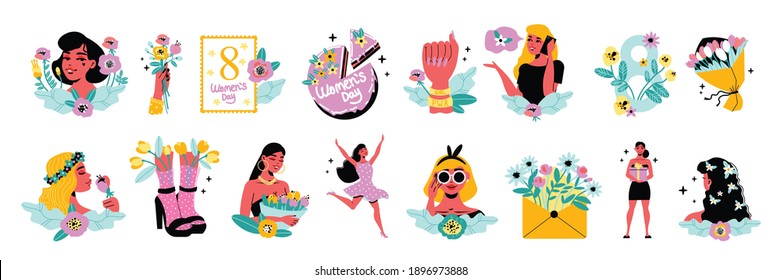 International womens day set with isolated icons of flowers cakes and gifts with happy girls characters vector illustration