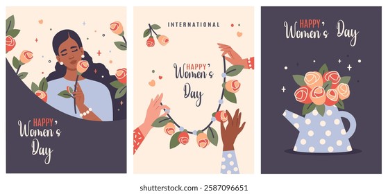 International Women's Day. Set of posters March 8. Young asian woman holding flower. Feminism, women empowerment, gender equality concept. Women hands of different nationalities. Vector illustration