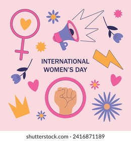 International Women's Day set. Signs, symbols, flowers, fist, loudspeaker, lightning, crown. Feminism, women's rights. Design elements for posters, stickers, cards, prints, backgrounds