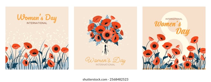 International Women's Day. Set of square banners with poppy flowers and number 8. Elegant spring backgrounds or postcards for March 8. Modern vector templates for international women's celebration.