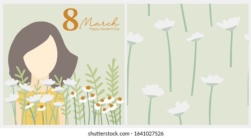 International Women's day. Set of vector banner and floral seamless pattern. Background with silhouette of woman around field flowers. 