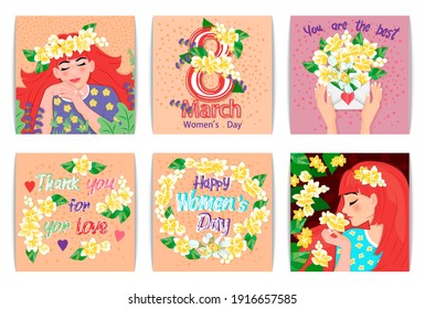 International Womens Day. Set of Vector Templates with Cute Women, Flowers, Hands Holding an Envelope with a Bouquet. Created for Cards, Posters, Flyers, Banners and other users.