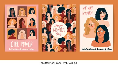 International Women's Day. Set of vector templates with women different nationalities and cultures. Struggle for freedom, independence, equality.