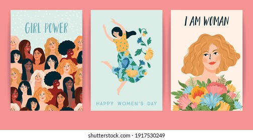 International Women's Day. Set of vector templates with women different nationalities and cultures. Struggle for freedom, independence, equality.