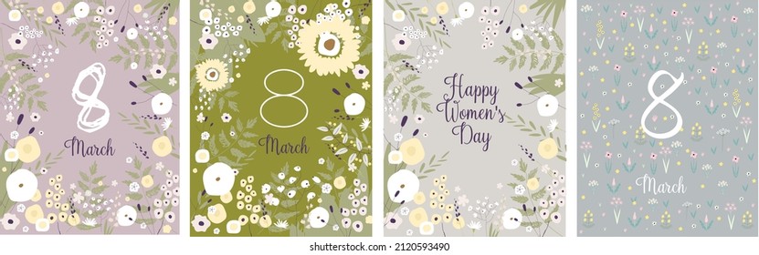 International Women's Day. Set of vector templates with cute flowers in pastel colors for cards, posters, flyers and other users