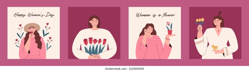 International Womens Day. Set of vector templates in flat style with cute women and flowers for card, poster, flyer.