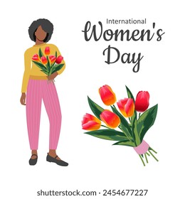 International Women's Day. Set of woman with a bouquet of red tulips, congratulatory text and a bouquet of flowers on a white background isolated. Vector.
