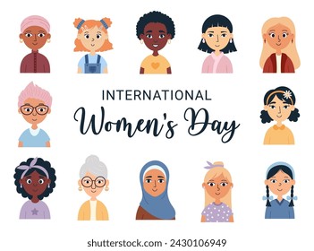 Día Internacional de la Mujer. Conjunto de avatares femeninos. Inspirar inclusión. Ilustración vectorial de dibujos animados