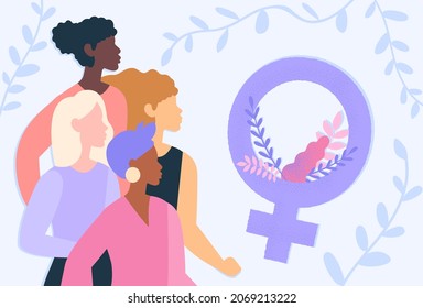 International womens day. Several characters looking at femininity icon. Equality, unity, tolerance. Smiling diverse women standing together. Postcard, greeting card. Cartoon flat vector illustration