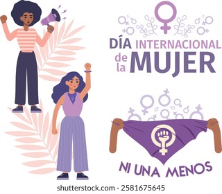 "International Women's Day" sign, diverse women with a loudspeaker, purple scarf with the text "not one less" March 8 protest