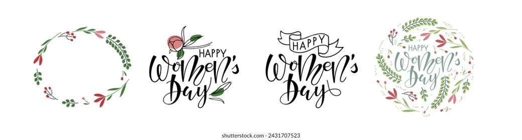 International Women's Day signs. Natural decor and Happy Womens Day lettering. Calligraphy lettering with abstract plant isolated on white background. Vector templates for International Women's Day