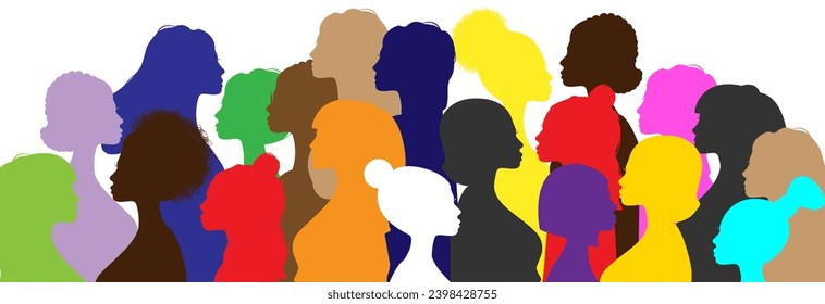 International women's day. Silhouette of girls in different colors.