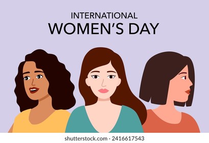 Día Internacional de la Mujer. Silhouettes de tres mujeres paradas juntas. La amistad de las mujeres. Movimiento de empoderamiento femenino.