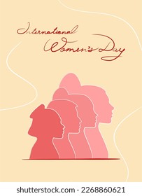 International Women's Day. Silhouettes of women. Profile of a woman. Postcard in gentle tones. Calligraphic inscription. Spring.