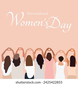 Día Internacional de la Mujer. Hermandad y amistad femenina.   Diversas mujeres con manos en forma de corazón se ponen de pie juntas. Concepto vectorial de igualdad de género y del movimiento de empoderamiento femenino.