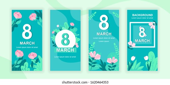 International Womens Day social media stories design templates vector set, backgrounds with copyspace - 8 March - backdrop for vertical banner, poster, greeting card - holiday congratulation concept