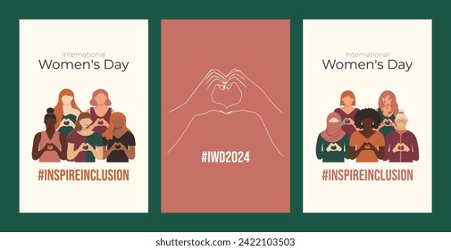 International Womens Day Social Media poster. Inspire inclusion 2024 Vertical post. IWD postcard with woman in faceless style with heard shaped hands. Multiracial group of disabled, different figure.