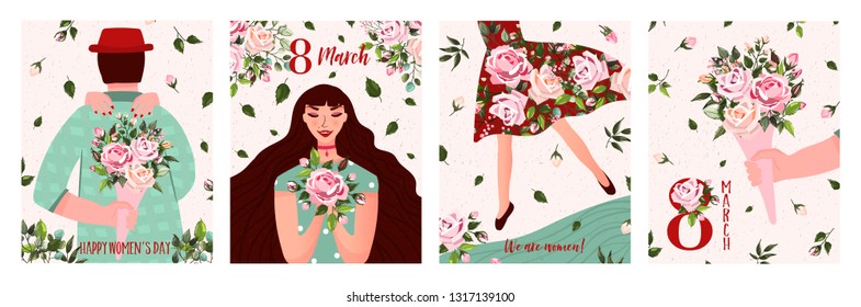 International Women's Day. Spring holiday Happy Women's day 8 march. Set of cute greeting card, poster with woman, man and bouquet of flowers roses. Vector illustration template International Women's Day. Spring holiday Happy Women's day 8 march. Set of cute greeting card, poster with woman, man and bouquet of flowers roses. Vector illustration template
