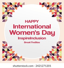 International Women's Day square banner. Modern geometric abstract background in colorful style for women day. Happy women's day greeting card cover with text. Happy world women's day for awareness