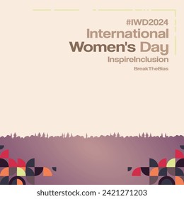 International Women's Day square banner. Modern geometric abstract background in colorful style for women day. Happy women's day greeting card cover with text. Happy world women's day for awareness
