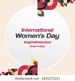 International Women's Day square banner. Modern geometric abstract background in colorful style for women day. Happy women's day greeting card cover with text. Happy world women's day for awareness