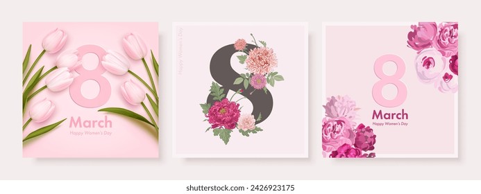 International women's day square banner or greeting card design template set with realistic tulips, 8 number and hand drawn flowers. Romantic elegant background. Vector illustration