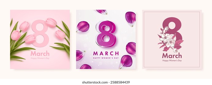 International women's day square banner or greeting card design template set with realistic tulips, 8 number and hand drawn flowers. Romantic elegant background. Vector illustration