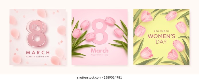 International women's day square banner or greeting card design template set with realistic tulips, 8 number and pink petals. Romantic elegant background. Vector illustration