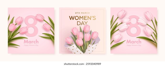 International women's day square banner or greeting card design template set with realistic tulip flowers, 8 number. Romantic tulips elegant background. Vector illustration