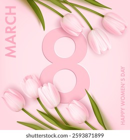 International women's day square banner or greeting card design template set with realistic tulips, 8 number. Romantic elegant background. Vector illustration