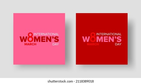 International Women's Day Square Banners for Social Media Post. Square Banner with Women's Day Logotype Text on Pink and Red Backgrounds. Vector Design Template for Women's Day 8 March