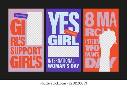 International Women's Day Square Banners for Social Media Post. Square Banner with Women's Day Logotype Text on Pink and Purple Backgrounds. Vector Design Template for Women's Day 8 March