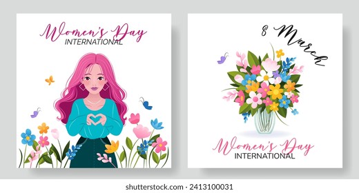 International Women's Day square banners set. 8 March. Inspireinclusion. Cartoon woman showing sign of heart. Bouquet of flowers in vase. Design for poster, campaign, social media post. Vector art.