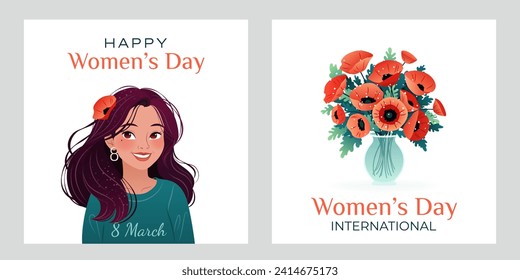 International Women's Day square banners set. 8 March. Portrait of cartoon woman with poppies. Bouquet of flowers in vase. Design for poster, campaign, social media post, postcard. Vector illustration