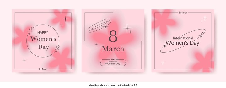 International women's day square card y2k collection. Modern minimalist style with thin lines and blurry flowers.