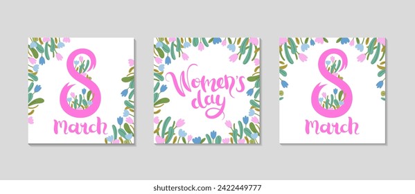 International Women's day square greeting post set. Floral festive frame for Social media. Spring holidays vertical templates. 8 march lettering. Congratulating background. Vector flat illustration.