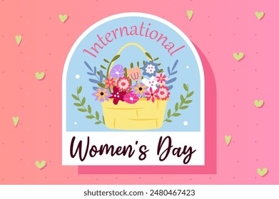 International Women's Day sticker concept in flat cartoon design. A basket full of colorful flowers is depicted in this beautiful image that conveys the joy of the holiday. Vector illustration.