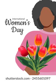 International Women's Day. Stylish African American woman with a bouquet of red tulips in her hands on a white background isolated. Vector.