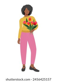 International Women's Day. Stylish African American woman with a bouquet of red tulips in her hands on a white background isolated. Vector.