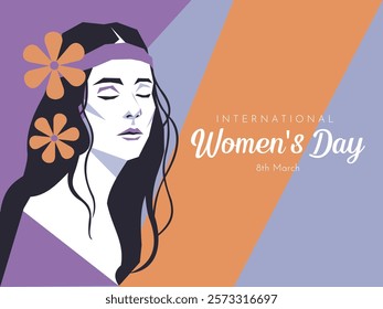 International Women's Day: A stylized portrait of a woman with closed eyes and flowers in her hair, symbolizing peace and empowerment.