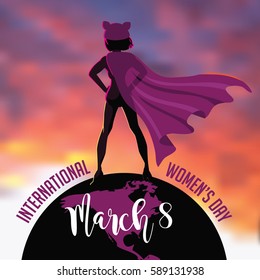 International Womens Day super hero design. In celebration of March 8 holiday. EPS 10 vector.