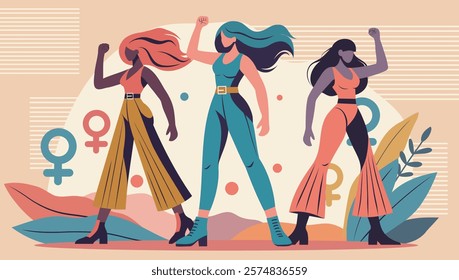 International Women's Day. Symbol of equality and empowerment. Vector illustration postcard banner three strong confident women of different nationalities stand together. For women's projects