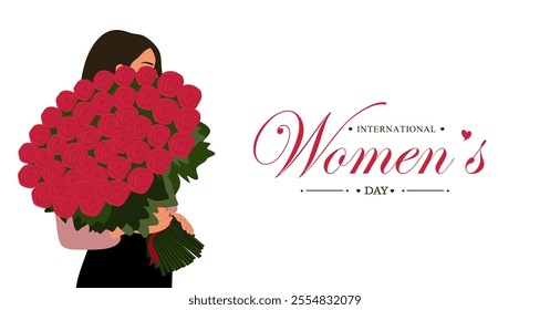 International women's day template banner with young beautiful woman holding big bouquet of red roses. Cute romantic girl hugging bouquet of flowers in her hands. Flat vector illustration